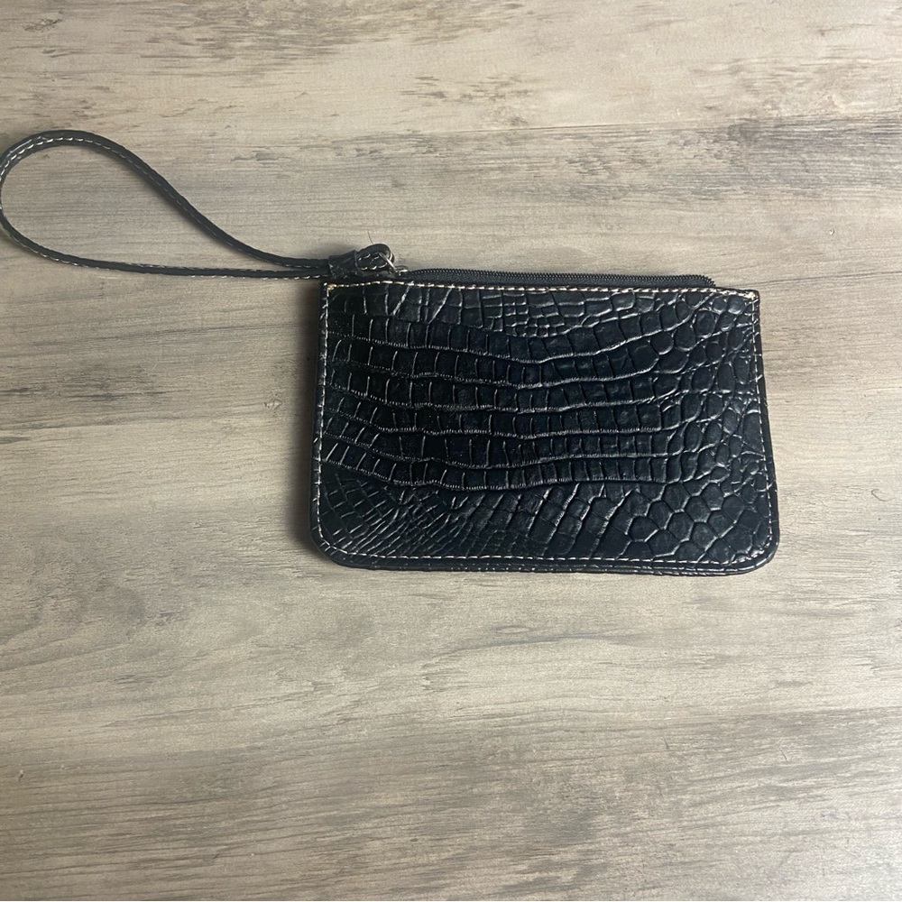 Small Black Faux Patent Alligator‎ Wristlet Coin Purse, ID Wallet